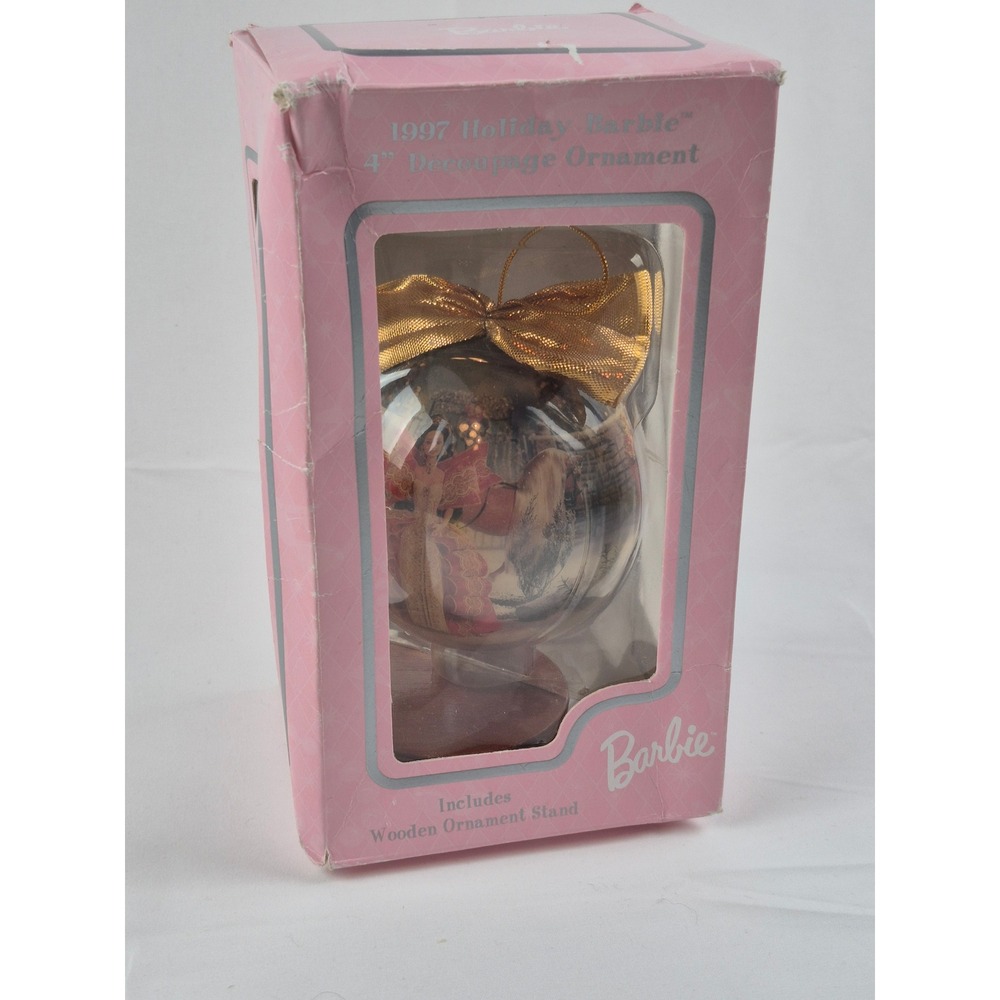 Barbie 1997 Holiday Barbie 4" Decoupage Ornament‎ w Wood Stand Box Vintage Gift
